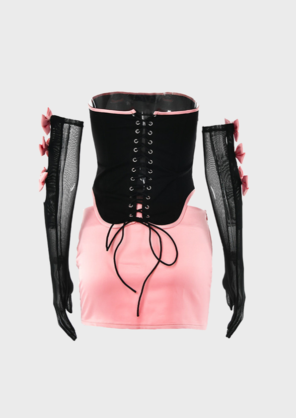 Elastic Waist Ribbon Details Tie up back Above Knee Skirt Corset Top Sleeveless Slim Fit, corset top, cherryonce