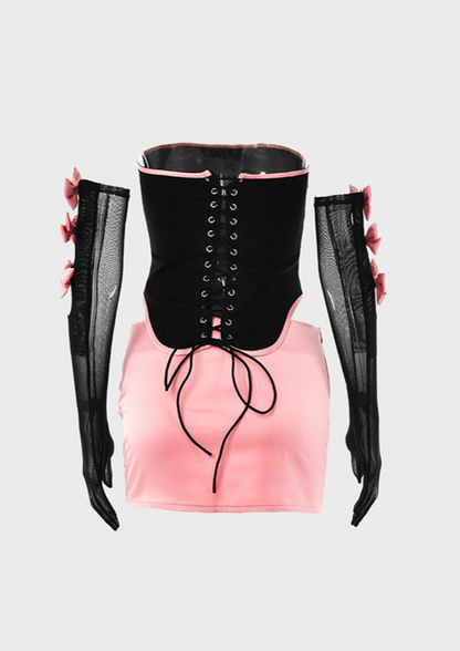 Elastic Waist Ribbon Details Tie up back Above Knee Skirt Corset Top Sleeveless Slim Fit, corset top, cherryonce