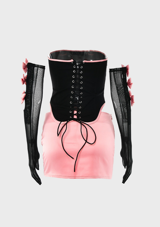 Elastic Waist Ribbon Details Tie up back Above Knee Skirt Corset Top Sleeveless Slim Fit, corset top, cherryonce