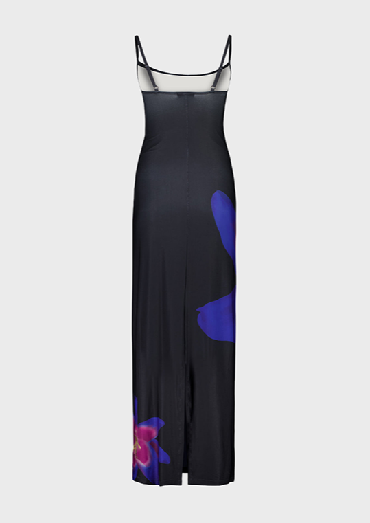 A black dress with blue and pink flowers on it, In the style of elongated forms Sleeveless O-Neck Slim Fit Ankle-Length Maxi dress Purple and blue floral pattern details This dress is perfect for when you want to make an impression. Whether you're catching eyes in a romantic dinner or just enjoying a day of sightseeing, it'll have you feeling confident and looking chic! No matter the occasion, you'll be turning heads and ready to take on the world! Cherryonce