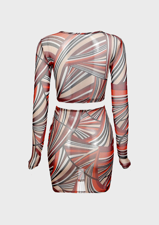 Two piece set beach dress Elastic Waist Above Knee, Mini V-Neck See through material Geometric mesh paisley two piece set Style of strip painting, light red and light brown# Vibrant colors Saturated stripes Chic illustrations Tie up front. Cherryonce