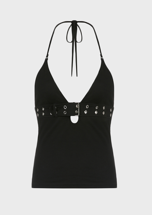 Maddie y2k black top tie up back belted detail V neck summer fashion women's festival euphoria, cherryonce
