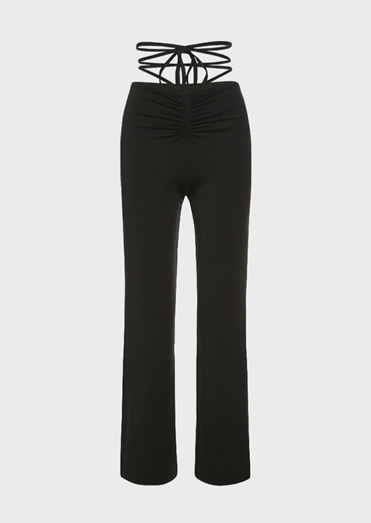 Black Y2K Trousers Tie up details Boot fit Baddie Casual High waisted, cherryonce
