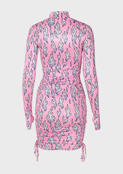 Pink dress Cut out details Polo neck Long sleeves Adjustable length Mini length Fire print details Y2K Punk, cherryonce