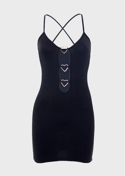 Scoop Neck Metal Heart Details Strapless Bodycon Slim Fit Mid Length Cut Out Detail, baddie, y2k Trend trendy, cherryonce