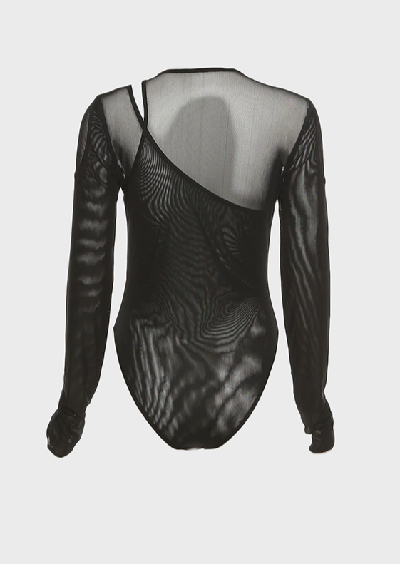 black blouse top y2k modern fashion 911 black bodysuit Jewel neck Long sleeves See through material Cut out details, Cherryonce
