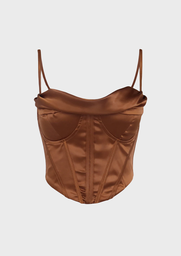 Minimalist Brown satin corset Zip up detail Sleeveless, cherryonce