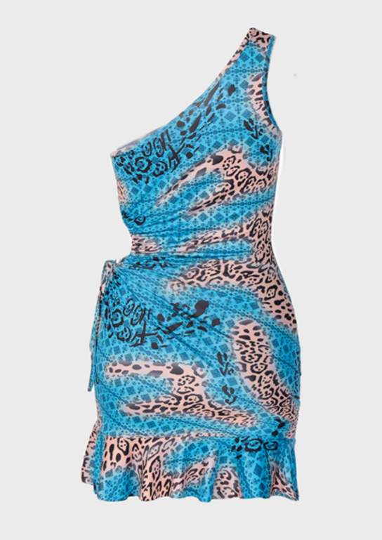 Baby Blue Mini Dress Sleeveless Leopard print Mini length Cut out details Edge shoulder, Cherryonce