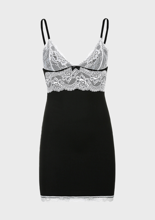 Black Y2K lace details mini dress ribbon sleeveless scoop neck, cherryonce