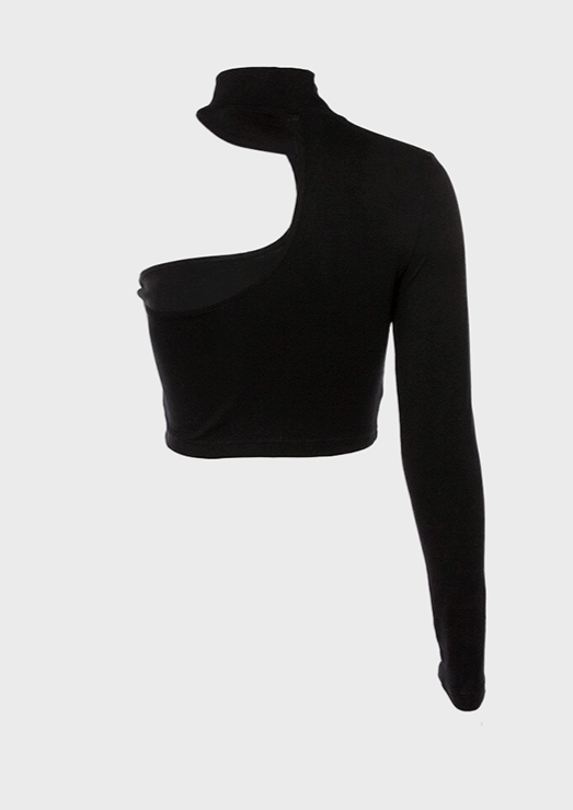 High Neck Cut Out Detail Long Sleeve Slim Fit, black blouse top, cherryonce