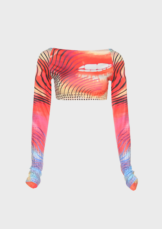 Boat neck Cut out back Lips print Abstract printing Long sleeves Y2K Baddie, cherryonce