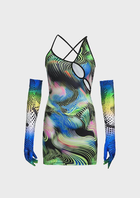 Square neck Gloves Sleeveless Cut out front Abstract cosmic printing Mini length, cherryonce