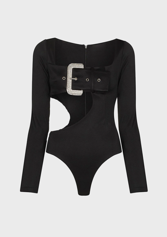 Invisible zipper opening at the back Large Diamond Belt Detail Long Sleeves Cut Out Details Square Neck black fancy baddie bodysuit, cherryonce