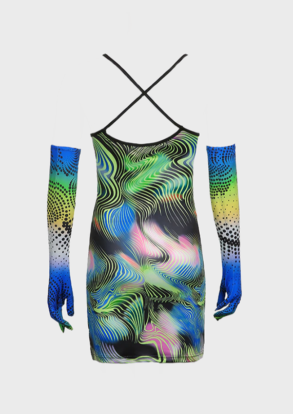 Square neck Gloves Sleeveless Cut out front Abstract cosmic printing Mini length, cherryonce