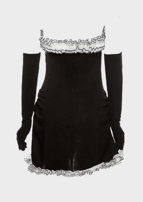 Black dress Gloves included Puffer details Mini length Straight across neckline, cherryonce