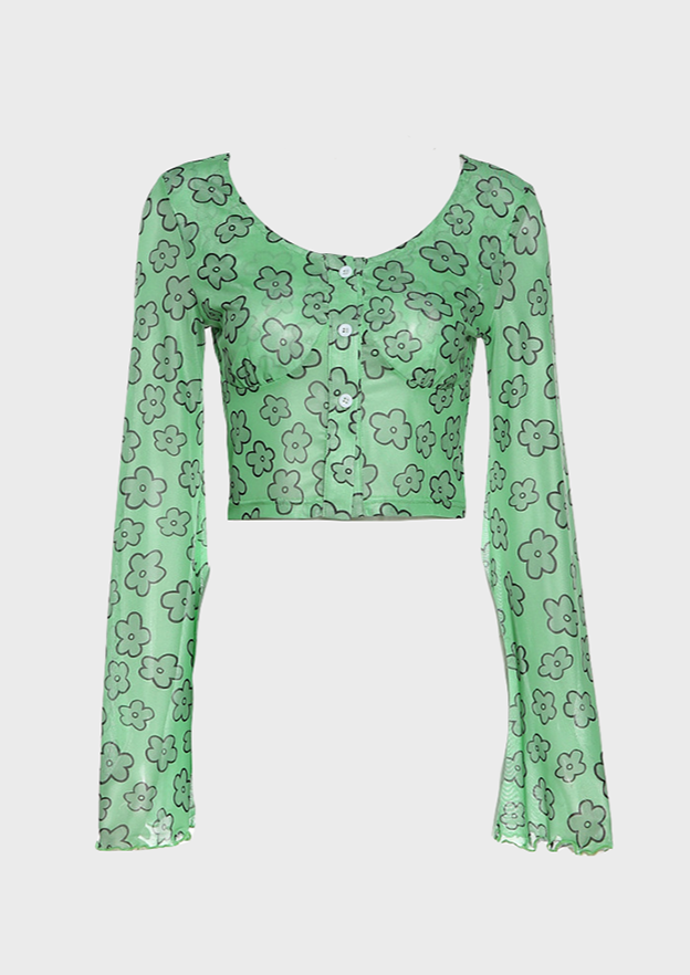 Floral Green Blouse Long sleeves Scoop neck Button details Y2K Flower print, cherryonce