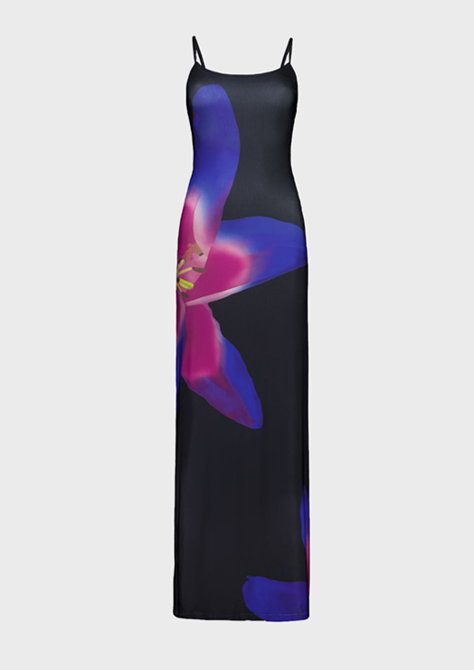 A black dress with blue and pink flowers on it, In the style of elongated forms Sleeveless O-Neck Slim Fit Ankle-Length Maxi dress Purple and blue floral pattern details This dress is perfect for when you want to make an impression. Whether you're catching eyes in a romantic dinner or just enjoying a day of sightseeing, it'll have you feeling confident and looking chic! No matter the occasion, you'll be turning heads and ready to take on the world! Cherryonce