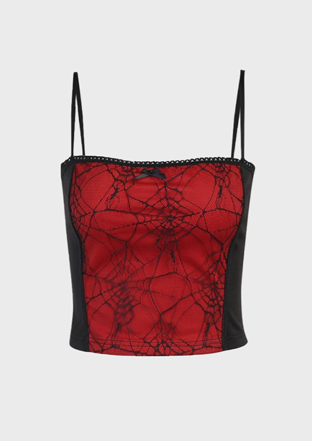 Gothic Red Crop Top Spider web details Zip up back Sleeveless Gen Z Square neckline, cherryonce