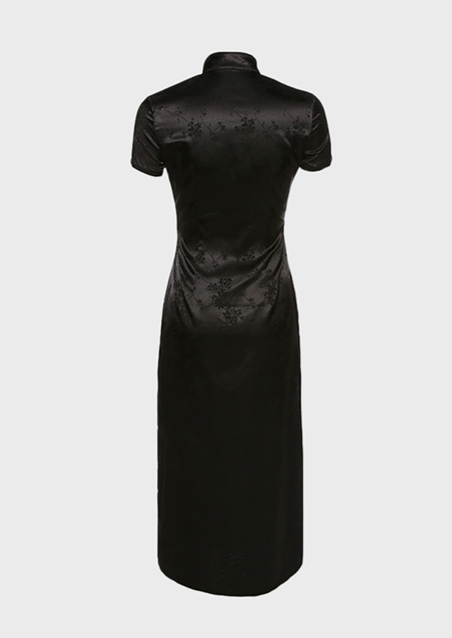Japan style Black dress Flower design Polo neck Ankle length Short sleeves, cherryonce