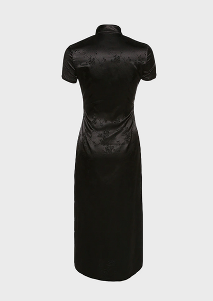 Japan style Black dress Flower design Polo neck Ankle length Short sleeves, cherryonce