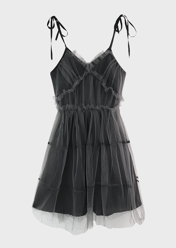 Black Gothic Style Dress Tie up shoulders Sleeveless Pleated style Grunge Goth V Neck Mid - Length, Cherryonce